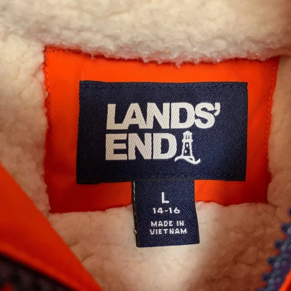 Lands' End Parka Jacket Kids L Orange Sherpa Lined Hooded Snap Full Zip Utility